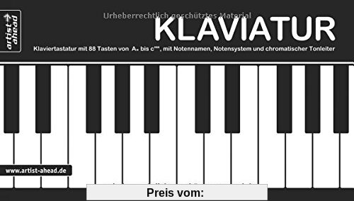 Klaviatur: Ausklappbare Klaviertastatur mit 88 Tasten von A'' bis c''''', mit Notennamen, Notensystem und chromatischer Tonleiter (360 g-Kartonpapier).
